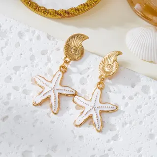 Ocean Style Drop Earrings - Gold Alloy Conch & Starfish Dangle Earrings, Vacuum Plated Color-Fast, Beach Vacation Jewelry for Women (Pair)
