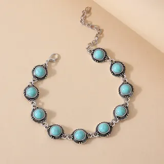 Vintage Turquoise Anklet for Women, Stainless Steel Round Bead Foot Chain, Adjustable Extender Clasp, Boho Beach Jewelry, Antique Silver Finish