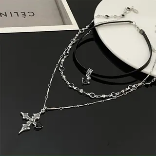 Gothic Cross Layered Necklace with Rhinestone & Black Teardrop Pendant, Silver-Plated Alloy Multi-Chain Long Necklace 45+5cm, Punk Y2K Statement Jewelry for Women