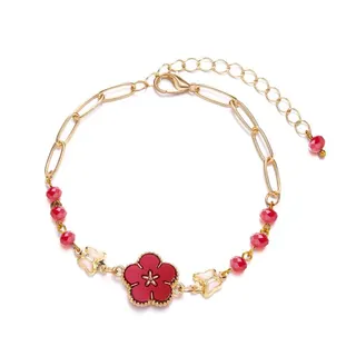 Flower Chain Bracelet for Women, Red Enamel Butterfly & Crystal Beads, 18K Gold Plated Alloy, Adjustable 17+5cm, Sweet Luxury Gift Jewelry