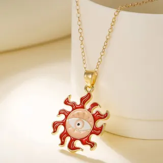 Evil Eye Flame Necklace for Women, Boho Retro Protection Pendant, Red Enamel Alloy 18K Gold Plated Clavicle Chain 50+5cm