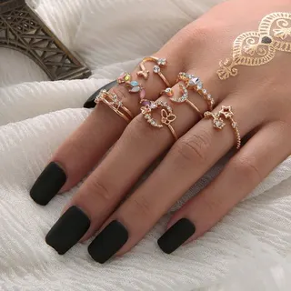 7 Pcs Butterfly Flower Moon Star Rhinestone Ring Set, Rose Gold Alloy Open Adjustable Rings, Fashion Jewelry for Women, Bridal Party & Daily Wear