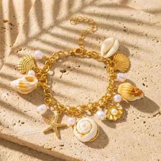 Summer Ocean Beach Shell Starfish Pearl Bracelet, Gold-Plated Alloy Resin & Imitation Pearl Charm Bracelet, Boho Layering Jewelry for Women, 17+5cm Adjustable