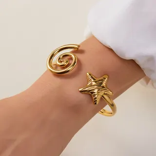 Ocean Series Stainless Steel Bangle 18K Gold Plated Hypoallergenic Star & Spiral Geometric Bracelet, 6cm, Stackable Luxury Gold Cuff for Women