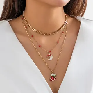 Vintage Christmas Necklace Set for Women - 3 Layer Chain Stack with Christmas Sock Enamel Pendant, 18K Gold Plated Alloy, Holiday Gift, 40+7cm