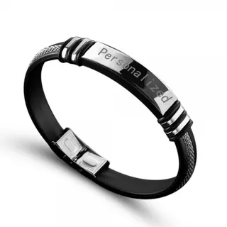 Personalized Stainless Steel & Silicone Bracelet, Engraved Custom Name Band, Black Silver Sport Wristband for Men Women, Hypoallergenic Gift, 22cm