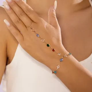 Multicolor Rhinestone Finger-to-Wrist Chain Bracelet, Gold 18K Plated, 17+5cm Adjustable, Elegant French Sweet Style Jewelry for Women