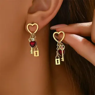 Gold Heart Lock & Key Dangle Earrings with Rhinestone Red Heart Charm, 18K Gold Plated Alloy, Vintage Sweet-Cool Love Lock Stud Earrings for Women