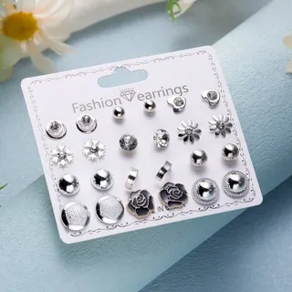 12 Pairs Flower Pearl Stud Earrings Set, Rhinestone Alloy 18K Gold Plated Hoop & Stud Earrings, French Vintage Bridal Bridesmaid Jewelry Gift Card Pack