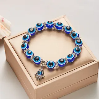 Evil Eye Bracelet 1cm Blue Bead Elastic String with Hamsa Hand Charm, Alloy Silver Plated Boho Protective Jewelry for Women
