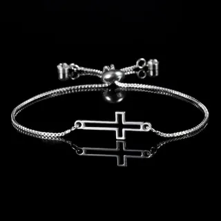 925 Sterling Silver Cross Bracelet, Hollow Cutout Pendant, Adjustable 24cm Fine Chain, Rhodium Plated Minimalist Faith Jewelry Gift for Women
