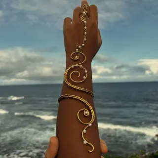 Pearl Spiral Arm Cuff Bracelet & Ring Set, Gold Plated Alloy Boho Wrap Wristband, Vacation Wedding Jewelry for Women