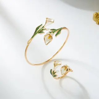 Lily of the Valley Enamel Bangle Bracelet & Ring Set, Open Adjustable Gold-Plated Alloy Floral Jewelry, Pink Drip Enamel French Vintage Hand Accessories for Women
