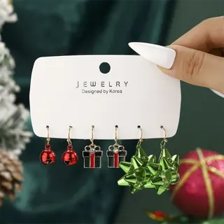 Christmas Earrings Set of 3 - Bell Gift Box & Bow Dangle Earrings, Alloy with Rhinestone, Red Green Holiday Jewelry, Korean Design, ~2.1cm
