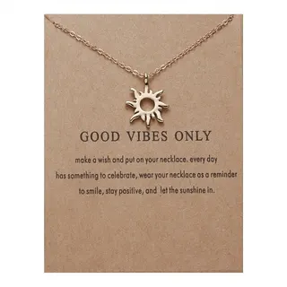 Good Vibes Only Sun Necklace for Women, 18K Gold Plated Alloy Pendant, Adjustable 48+5cm Chain, Gift Card Packaging, Minimalist Lucky Charm Jewelry