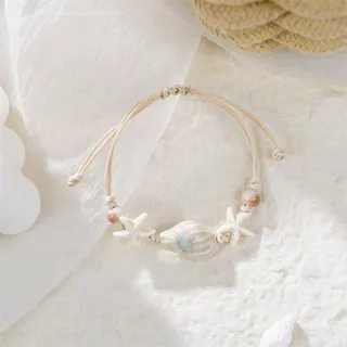 Ocean Ceramic Conch Shell Bracelet, Blue Starfish Beaded Braided Cord Wristband, Adjustable 15-25cm Boho Beach Jewelry for Women