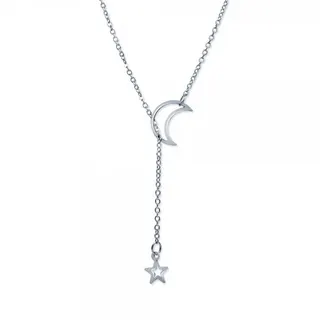 Vintage Crescent Moon & Star Pendant Necklace, White Gold Plated Alloy, Asymmetric Dangling Hollow Star Lariat Chain, 68+6cm, Minimalist Layering Jewelry for Women