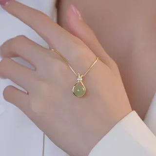 Lucky Bag Jade Pendant Necklace for Women, 18K Gold Plated Teardrop Imitation Jade Drop Necklace, Adjustable 42+5cm Delicate Clavicle Chain, New Chinese Style Gift