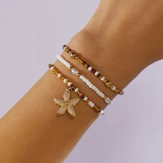Boho Starfish Charm Bracelet Set of 3 - Beaded Pearl & Alloy Strand Bracelets with 18K Gold Plated Paved Starfish Pendant, 18cm, Vacation Layering Jewelry for Women