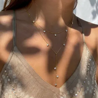 Gold Y-Shape Layered Necklace, Stainless Steel 18K Gold Plated with Cubic Zirconia, Minimalist Double Chain Pendant Collarbone Necklace for Women
