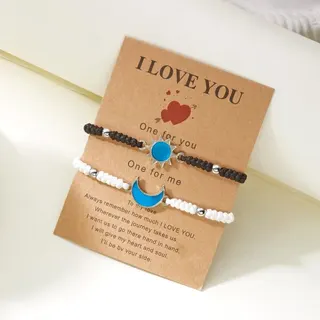 Sun and Moon Couple Bracelet Set, Woven Beaded Hand Rope with Alloy Sun & Moon Charm, 18cm, Valentine's Day / Anniversary Gift for Him and Her