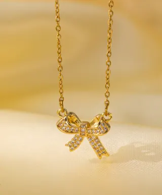 Butterfly Bow Rhinestone Necklace for Women, 18K Gold Plated Stainless Steel Choker Pendant, Sweet Elegant Adjustable Chain 45+5cm