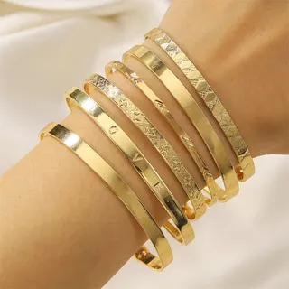 Gold Open Cuff Bangle Set of 6 - 18K Gold Plated Alloy Bracelets with Arrow & Star Engraving, Adjustable Stackable Bangle for Women, Gift Ready