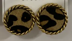 Vintage Boho Round Earrings - Alloy 18K Gold Twisted Rope Frame, Coffee Black Abstract Pattern Ethnic Hoop Earrings Pair
