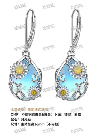 French Daisy Drop Earrings - Moonstone & Cubic Zirconia Openwork Ear Clips, White Gold Plated Hypoallergenic, 16mm