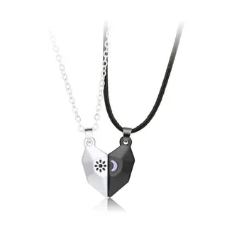 Magnetic Heart Sun & Moon Couple Necklace, Matte Black & Silver Alloy Pendant, Interlocking Day-Night Locket Chain 45cm, Gift for Her Him