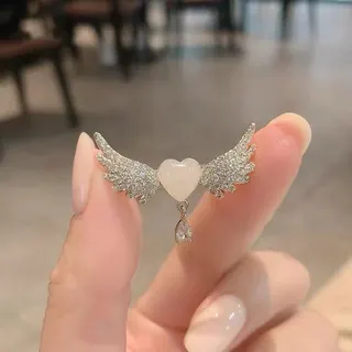 Angel Wings Heart Brooch, Cat's Eye Stone & Teardrop Zircon Crystal Pin, Silver Alloy Fashion Jewelry Brooch for Women