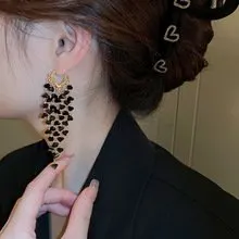Luxury French Vintage Tassel Earrings Women Black Rhinestone Long Drop Ear Cuffs 8cm Face-Slimming 18K Gold Plated Copper Hypoallergenic Commute Party Jewelry