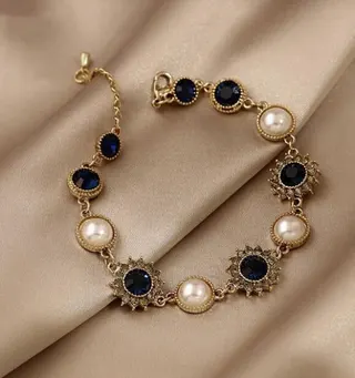 Vintage French Luxury Bracelet Gold Plated Resin Blue Sapphire & Pearl Beads Starburst Bezel Court Style Adjustable Extender Chain for Wedding Party Women