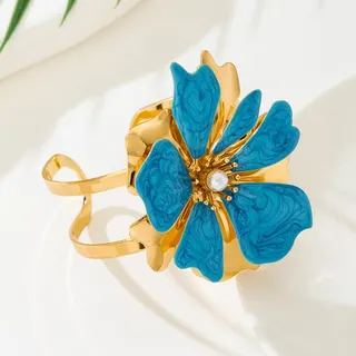 Vintage Floral Enamel Cuff Bracelet for Women - White Enamel Petal with Pearl Center, 18K Gold Plated Alloy, Elegant Wide Bangle for Wedding Party & Daily Wear (6cm)