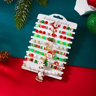 Christmas Beaded Bracelet Set of 10 - Santa Snowman Snowflake Reindeer Charms, Red Green White Alloy Glass Bead Holiday Gift Jewelry, 18cm