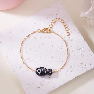 Vintage Fish Ceramic Bracelet for Women, Black Polka-Dot Charm with 18K Gold Plated Chain, Adjustable 14-28cm, Cute Minimalist Jewelry Gift