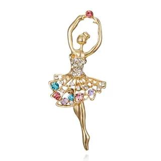 Ballerina Dancing Girl Rhinestone Brooch Set of 3, Hollow-Out Alloy Pin with Crystal & Pearl, Gold Plated, Elegant Fashion Jewelry Gift with Pouch