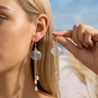Vacation Style Transparent Shell Pearl Tassel Earrings, Gold Long Dangle Drop Earrings for Beach Wedding, 11.5cm Acrylic Pearl Boho Earrings for Women