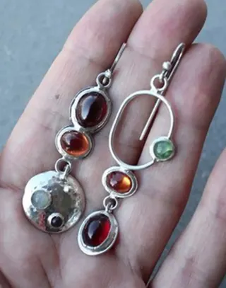 Boho Asymmetric Geometric Earrings - Round & Oval Alloy Silver Plated with Multi-Color Gemstones, Hammered & Openwork Dangle Earrings for Women