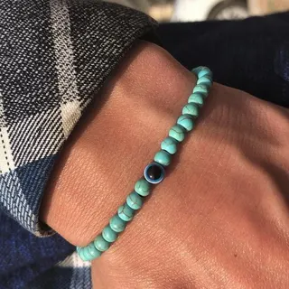 Evil Eye Bracelet 6mm Natural White Turquoise Bead Elastic String Bracelet, Protective Talisman Minimalist Unisex Jewelry 18cm