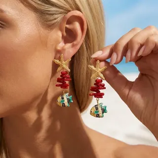 Ocean Starfish & Fish Dangle Earrings - 18K Gold Plated Alloy with Ceramic Painted Fish, Boho Beach Vacation Long Drop Earrings, Red Beaded Sea Star Jewelry for Women