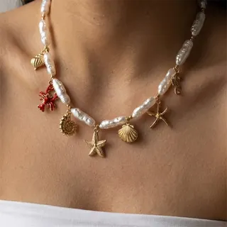 Ocean Themed Baroque Pearl Necklace with Gold Starfish Shell Crab Charms - Vintage Boho Adjustable Choker for Women