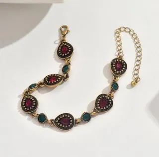 Vintage Court Style Bracelet, Resin Light Luxury Micro-Set Red & Green Gemstone, 18K Gold Plated Beaded Chain Bracelet for Women, 19.5+8cm Gold