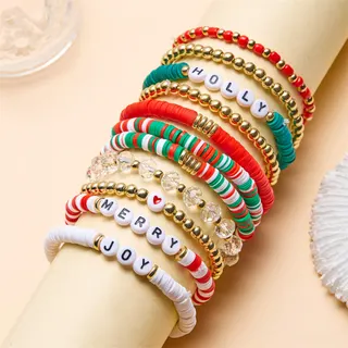 Christmas Beaded Bracelet Set for Women - Holly Merry Joy Letter Charm, Red Green White Striped Elastic Stackable Bracelets, 11pcs Gift Set