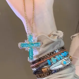 Green Cross Pendant Necklace, Alloy Rhinestone Boho Vintage Chain Necklace 40+5cm, Layering Jewelry for Women