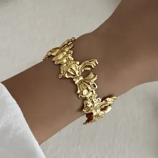 French Vintage Bow Bracelet - 18K Gold Plated Stainless Steel, 3D Embossed Wide Open Cuff Bangle, Elegant Sweet-Cool Women's Jewelry, 6.0cm Gold