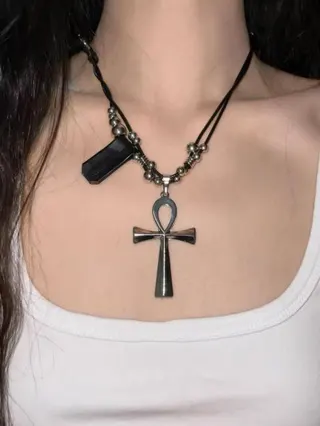 Ankh Cross Necklace for Women, Gothic Punk Y2K Alloy Pendant with Beaded Leather Cord, Dark Edgy Layered Chain Jewelry 40+5cm