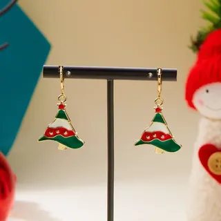 Christmas Tree Earrings for Women, Enamel Painted Holiday Dangle Hoop Earrings, 18K Gold Plated Alloy, Red Green White Festive Jewelry Gift, 2x4cm