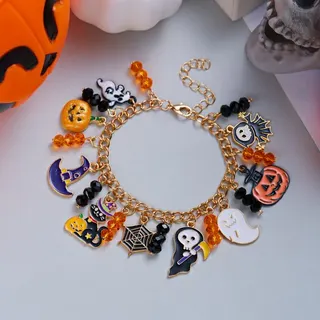 Halloween Charm Bracelet for Women - Ghost, Spider Web & Pumpkin Enamel Charms with Orange & Black Crystal Beads, 18K Gold Plated Alloy, Adjustable 16+5cm, Festive Party Gift