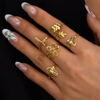 Stainless Steel Ring Set of 5 - Gold Cross Flower Leaf Skull Open Adjustable Rings, Hypoallergenic 18K Gold Plated, Vintage Boho Stackable Finger Rings for Women